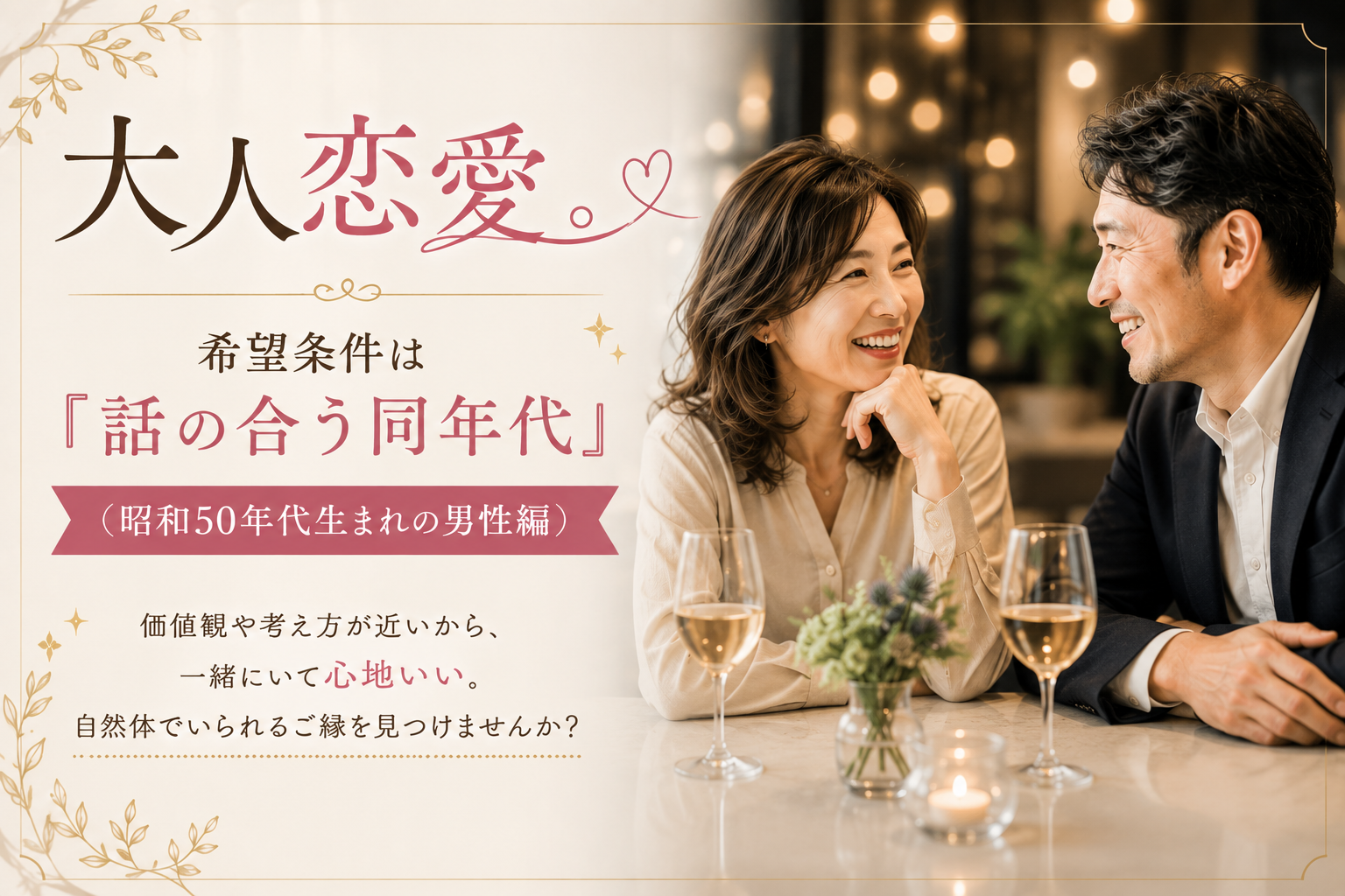 大人恋愛。希望条件は『話の合う同年代』（昭和50年代生まれの男性編）